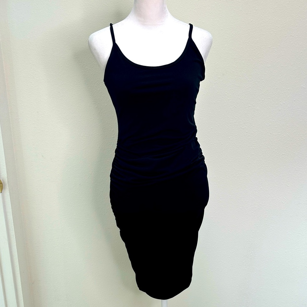 Silky runched little black dress, calf length, size large